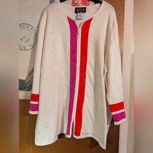 Bob Mackie White Cardigan with Red and Pink Stripes